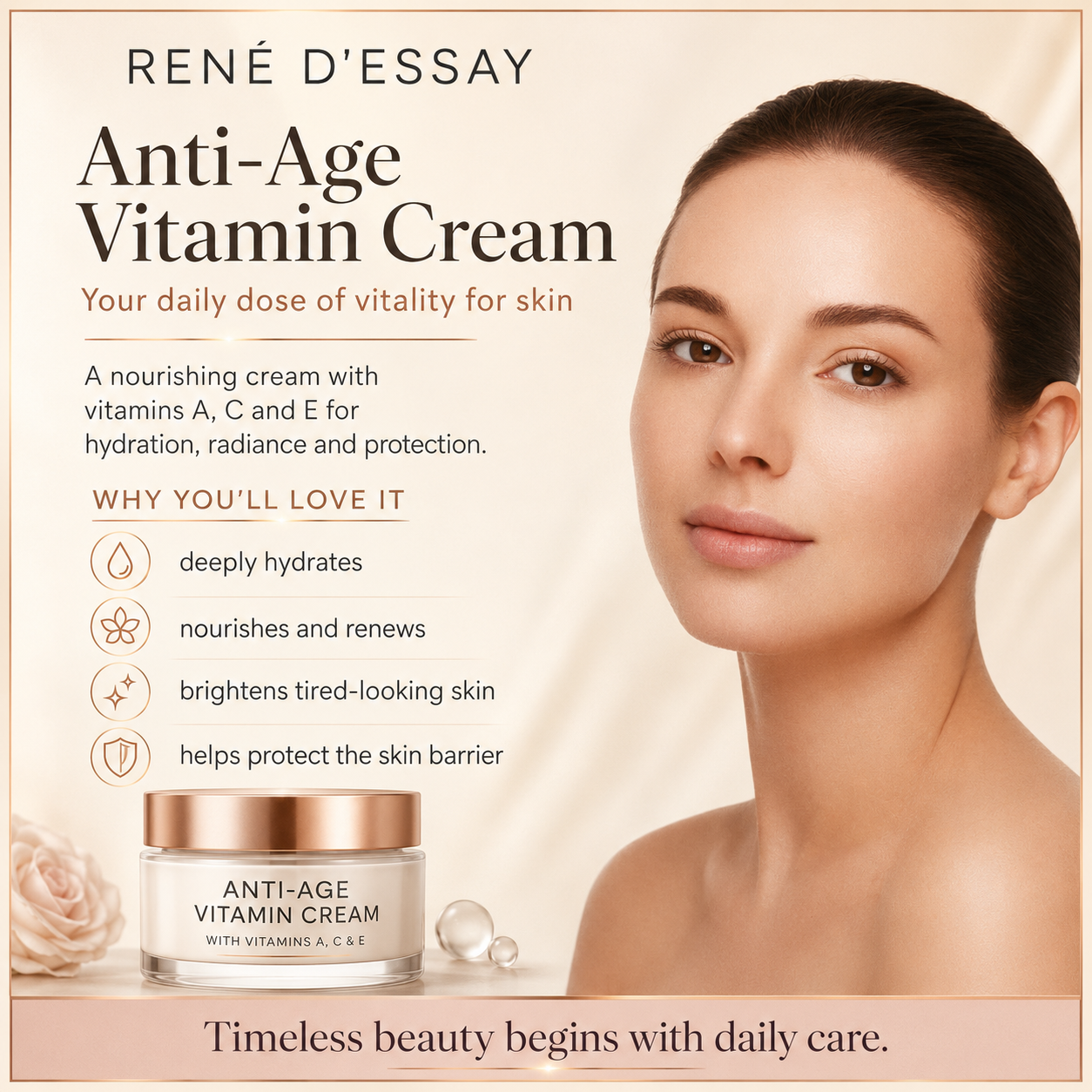 Produktgrafik der Anti-Aging-Vitamincreme von René D'Essay mit den Vitaminen A, C und E