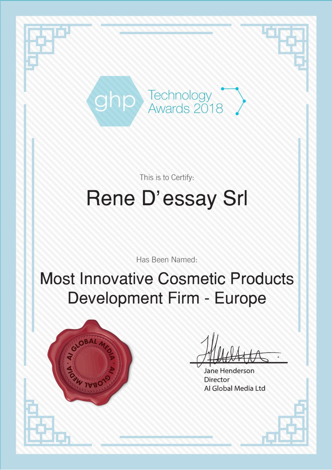Certifikát GHP Technology Awards 2018 pro René D’essay Srl za inovativní vývoj kosmetických produktů v Evropě