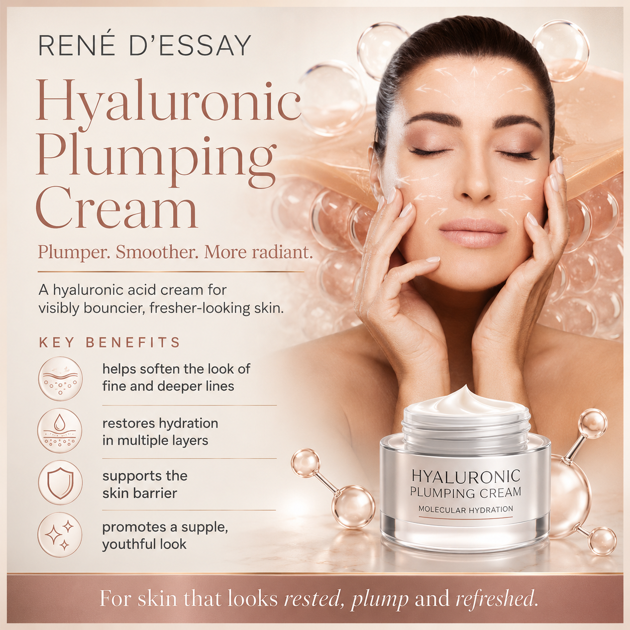 René D'Essay Hyaluronic Plumping Cream product graphic for plumper-looking skin